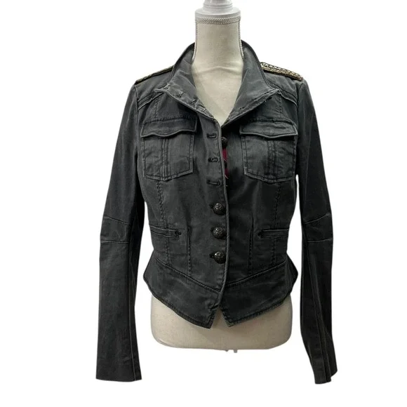 Free People Military Band Jacket Gray Cropped Blazer Epaulettes & Brass Buttons - Picture 5 of 12